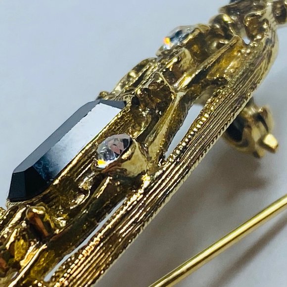 Art Deco Pin Brooch Gold Tone Faux Black Onyx Clear Rhinestone Vintage Jewelry - Picture 4 of 16